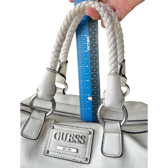 Guess White Leather Perforated Satchel Handbag With Braided Handle 6 tall 10” L - Picture 6 of 16